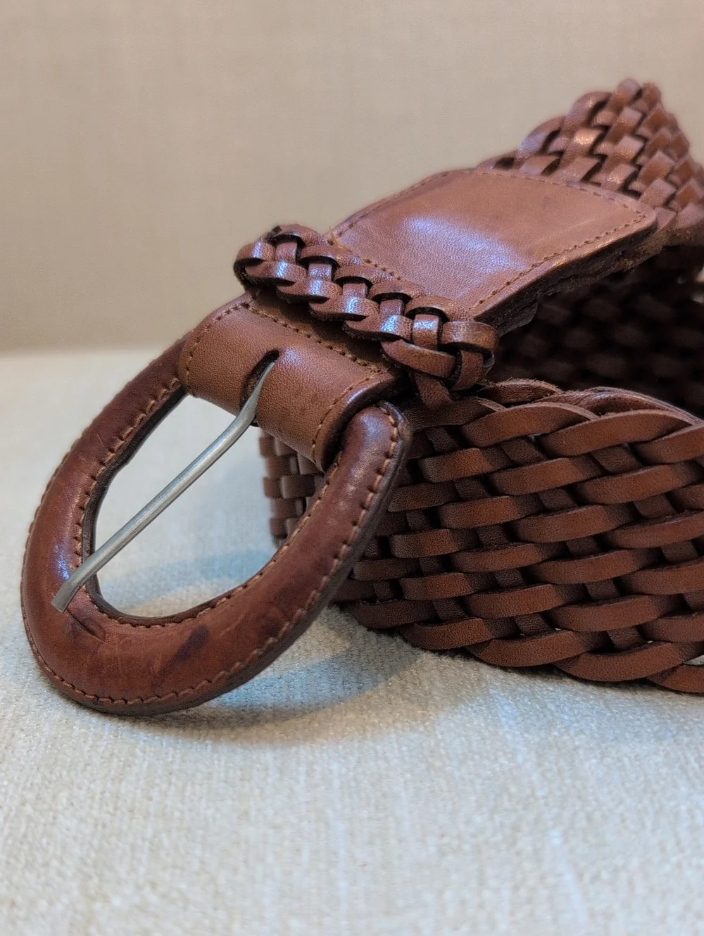 Eddie Bauer Brown Leather Woven Belt Size M Classic Casual Style Made in USA